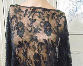 Beaded Black Lace Fringed Shawl