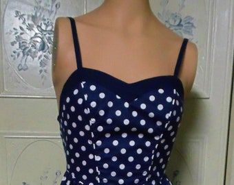 Laura Ashley Polka Dot Blue Dress, Sleeveless, Size 4, Made in Great Britain