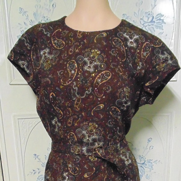 1960 brown Paisley Print Dress with Rhinestones, size 14