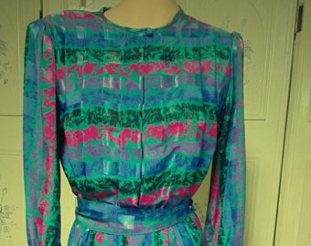 1980's Sophisticates Petites Green Stripped Dress, Size 8