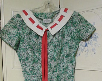 1930 Green and White Cotton Dress by Winnie Mae, Bust 40"