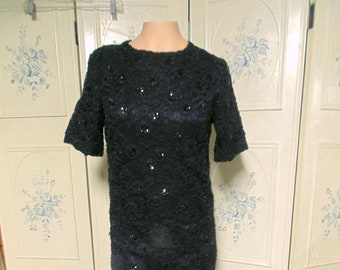 Vintage Black Beaded Dress, Bust 36"