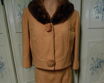 1950/1960 Beige with Fur Collar 2 piece Skirt Suit, Bust 39"