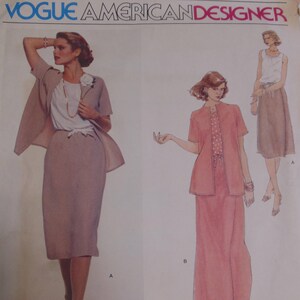 May include: Vogue American Designer pattern featuring illustrations of women's suits. The suits include a skirt suit with a jacket and a long skirt suit with a short-sleeved jacket. The pattern is by Jerry Silverman, pattern number 1842.
