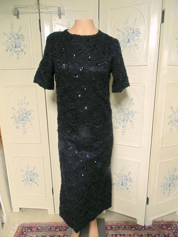 Vintage Black Beaded Dress, Bust 36" - image 1