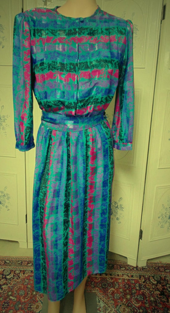 1980's Sophisticates Petites Green Stripped Dress,