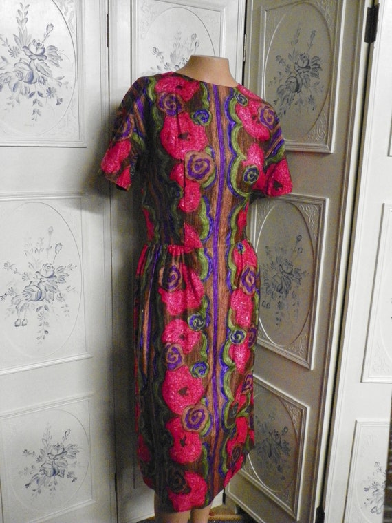 Vintage Silk Multi Colored Dress, Bust 35"