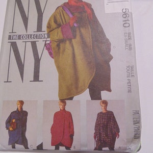 May include: McCall's NY The Collection sewing pattern. The pattern features a woman wearing a long olive green coat with purple cuffs and a red scarf. The pattern includes three additional coat designs. Size EX-SMALL.