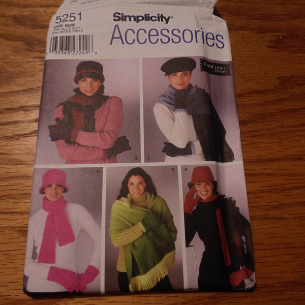 Simplicity Accessories #5251, Misses Hats & Gloves in 3 Sizes and Scarfs, UNCUT