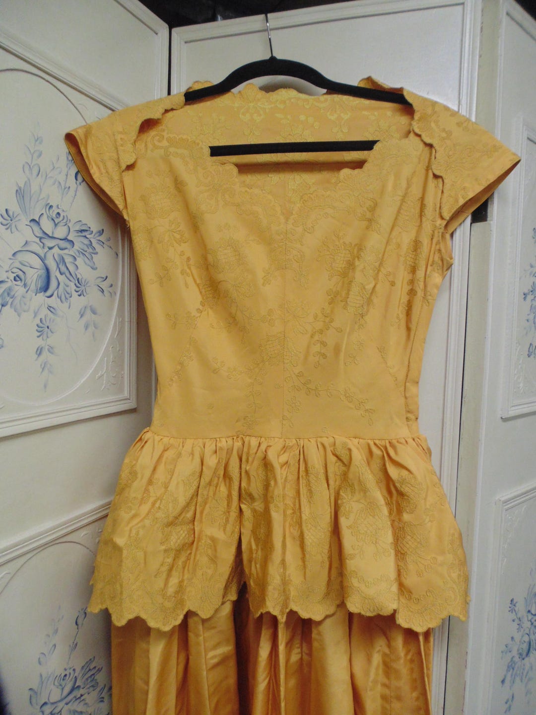 Gold Formal Dress with A Peplum, Zips Up The Side, Bust 36"