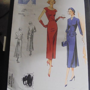 May include: Vintage Vogue sewing pattern for a dress, featuring two women in different styles. The pattern is from 1945 and is labeled "Originals 1945 Dessin Professionnal de 1945".
