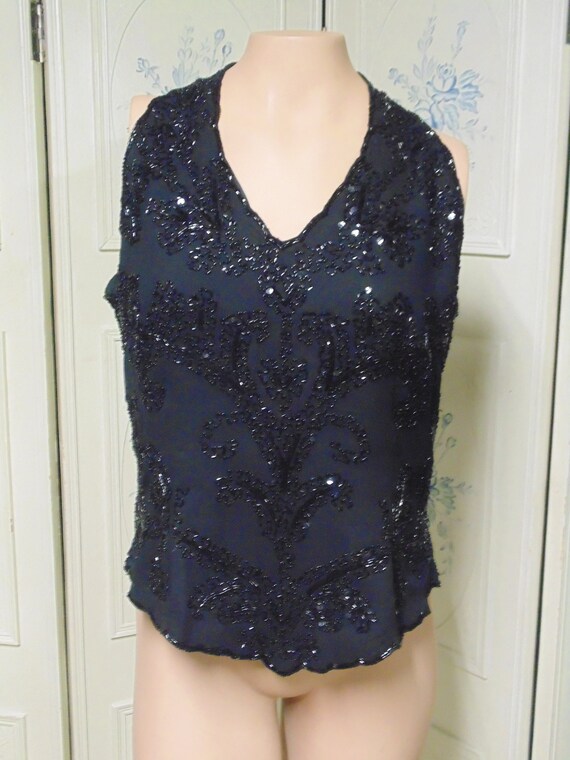 Black Beaded Sleeveless Top, Large, JKara New York - image 1