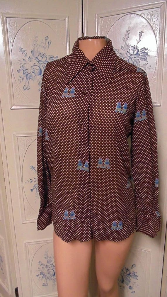 Vintage Brown Polka Dot Shirt, Bust 39" - image 1