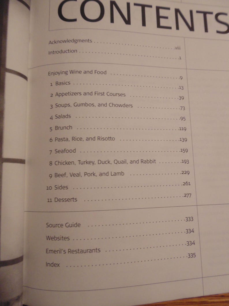 May include: A book's contents page, featuring a list of chapters and page numbers. The title "CONTENTS" is at the top. The topics include "Enjoying Wine and Food", "Appetizers", "Soups", "Salads", and "Desserts".