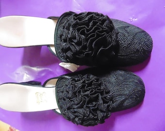 Vintage Black PomPom Slippers by Daniel Green, 9" long 3" wide