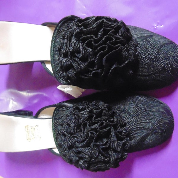 Vintage Black PomPom Slippers by Daniel Green, 9" long 3" wide