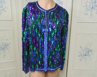 Beaded Jacket, Purple, Blue, Green, Silver on Black, Size PM