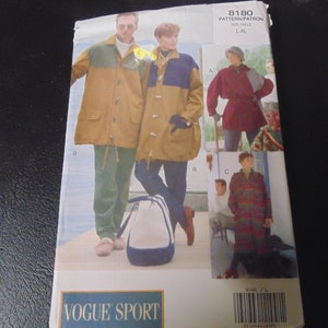 May include: A sewing pattern for coats and jackets. The pattern is for sizes L-XL. The pattern is called Vogue Sport 8180.