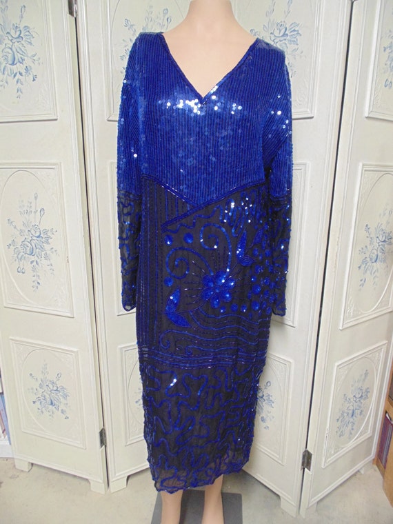 Vintage Blue and Black Beaded Dress, Bust 42"