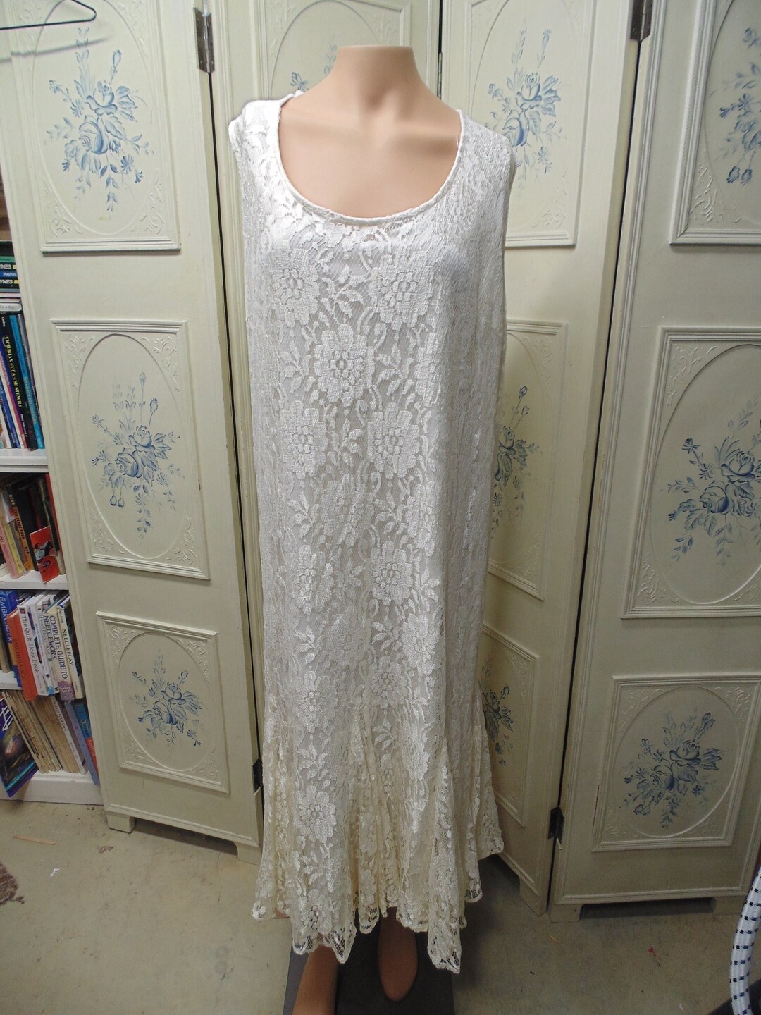 Ivory Lace Bodice Chiffon Dress with Slit Green Plus Size