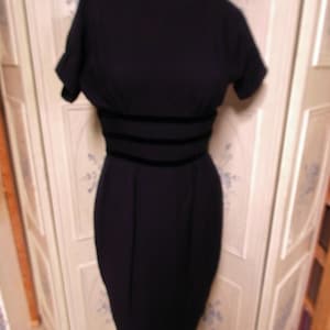 1950s Black Dress with Three Velvet Stripes at Waist, Lord & Talyor, Small