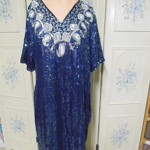 Dark Blue Beaded Dress, 100% Silk, Extra Large