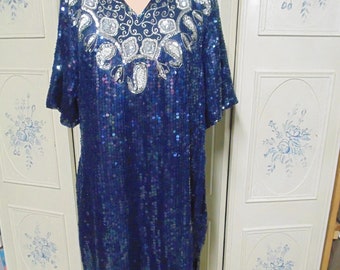 Dark Blue Beaded Dress, 100% Silk, Extra Large