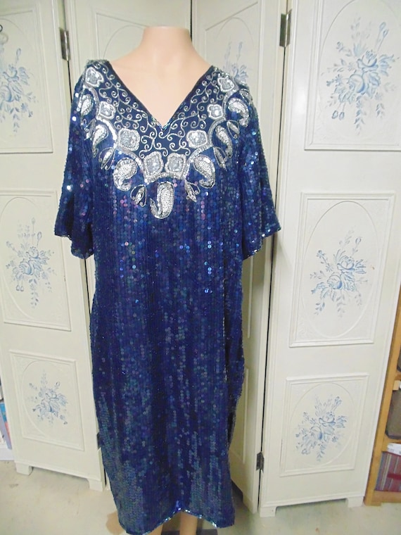 Dark Blue Beaded Dress, 100% Silk, Extra Large - Etsy