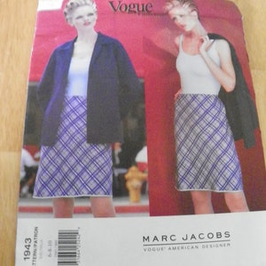May include: A sewing pattern for a skirt and jacket by Marc Jacobs. The pattern is for sizes 6-8-10 and is from Vogue Patterns. The pattern features a model wearing a blue jacket and a plaid skirt.