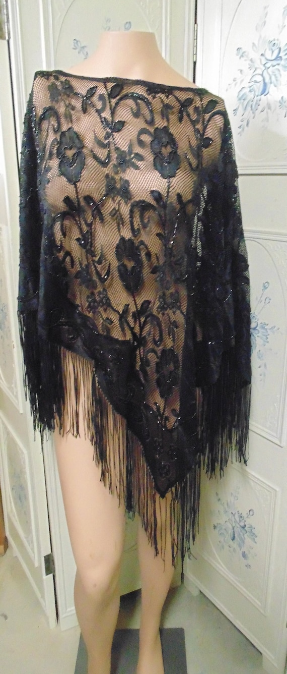 Beaded Black Lace Fringed Shawl