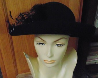 Vintage Black Wool Hat with Feather - Merrimac Hat Corp.