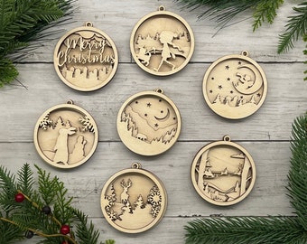 DIY Ornament Set | Christmas Ornament | DIY Kits | Craft Kit | Layered Wood | Winter Scene Set of 7