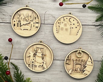 DIY Ornament | Christmas  Ornament Set | Layered Wood | Christmas DIY Kits | Craft Kit | Xmas in the City Set of 4