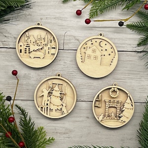 Ornamento faça você mesmo | Conjunto de enfeites de Natal | Madeira em camadas | Kits DIY de Natal | Kit de artesanato | Natal na cidade conjunto de 4