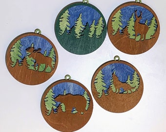 Set of 5 Christmas Ornaments | Layered Wood | Hand-painted Ornament | Christmas Tree Decor | Woodland Animals