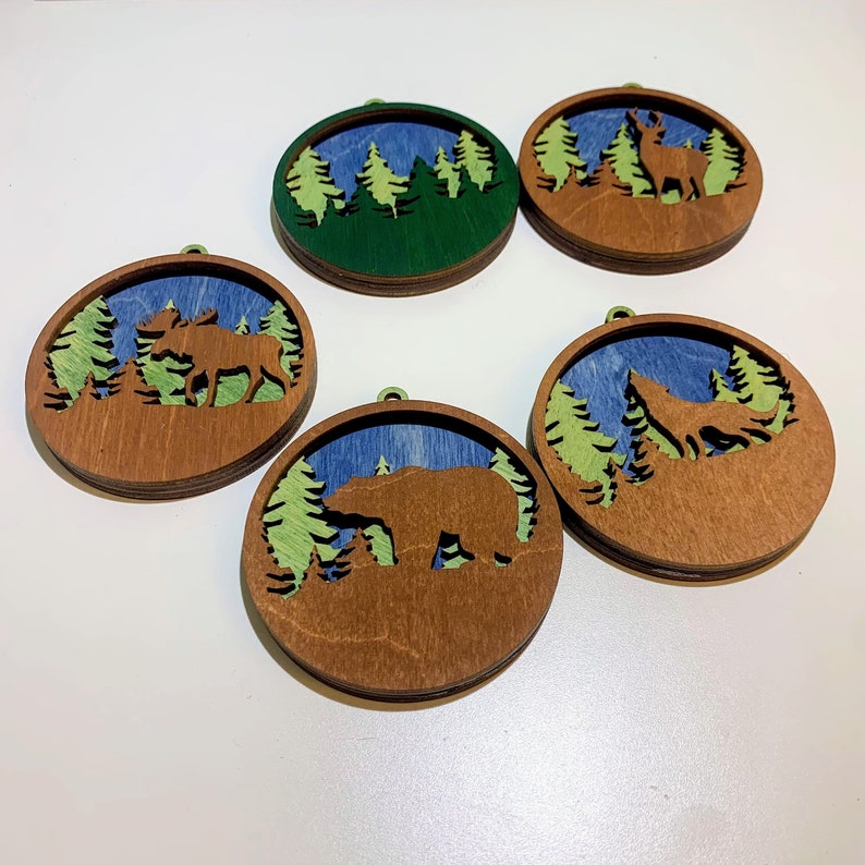 Set of 5 Christmas Ornaments Layered Wood Hand-painted Ornament Christmas Tree Decor Woodland Animals image 2