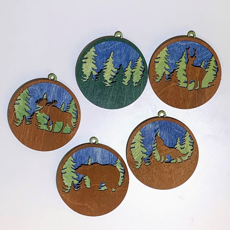 Set of 5 Christmas Ornaments Layered Wood Hand-painted Ornament Christmas Tree Decor Woodland Animals image 1