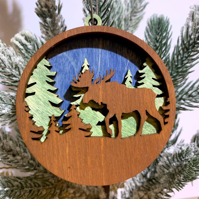 Set of 5 Christmas Ornaments Layered Wood Hand-painted Ornament Christmas Tree Decor Woodland Animals image 4