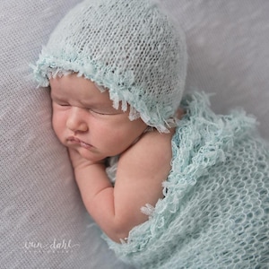 RTS newborn wrap and bonnet,Newborn wrap set, mohair wrap set,  RTS, photography prop, Swaddle Photography Prop, handtied lace edge wrap set