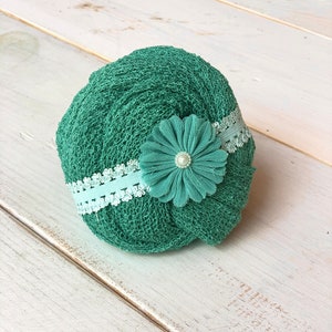 SALE Newborn Stretch Wrap with headband, Soft jade green Swaddle Photography Prop in Super Stretchy Knit
