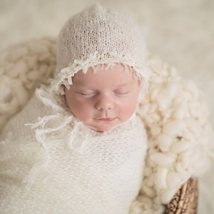 RTS off white newborn wrap and bonnet, mohair wrap set, photography prop, Swaddle Photography Prop, hand tied lace fringe edge wrap set