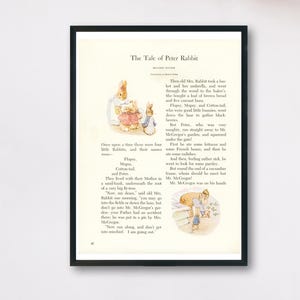 May include: A framed page from The Tale of Peter Rabbit by Beatrix Potter. The page features black printed text and two color illustrations of rabbits. One illustration shows four rabbits, and the other shows a rabbit near a wooden structure.