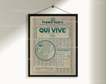 Qui Vive by Wilhelm Ganz, Grand Galop de Concert Piano Duets, Emerald Green Sheet Music, Beige Vintage Decor - Old Timey Music Art for Her