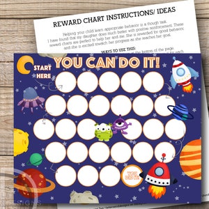 May include: A space-themed reward chart with a blue background and stars. The chart has 25 circles for stickers or stamps. The text "You Can Do It!" is at the top of the chart. There is a rocket ship, a UFO, and a monster on the chart.