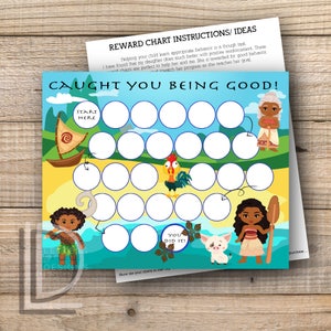 May include: A printable reward chart featuring Moana and Maui characters from the Disney movie Moana. The chart has a blue ocean background with a path of circles to colour in as a child completes tasks. The text "Caught You Being Good!" is at the top of the chart.