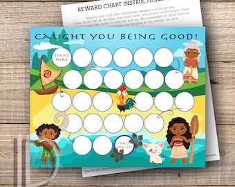 May include: A printable reward chart featuring Moana and Maui characters from the Disney movie Moana. The chart has a blue ocean background with a path of circles to colour in as a child completes tasks. The text "Caught You Being Good!" is at the top of the chart.