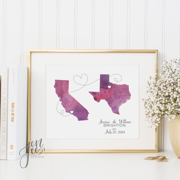 Custom Two-State Watercolor Wedding Art Print (Digital Printable)