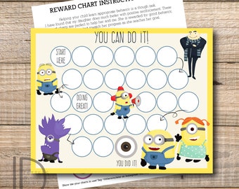 May include: A yellow and blue reward chart featuring characters from the Despicable Me movie franchise. The chart has a path of circles to colour in as a child completes tasks. The text "You Can Do It!" is at the top of the chart. The text "You Did It!" is at the bottom of the chart. The text "Doing Great!" is in the middle of the chart.