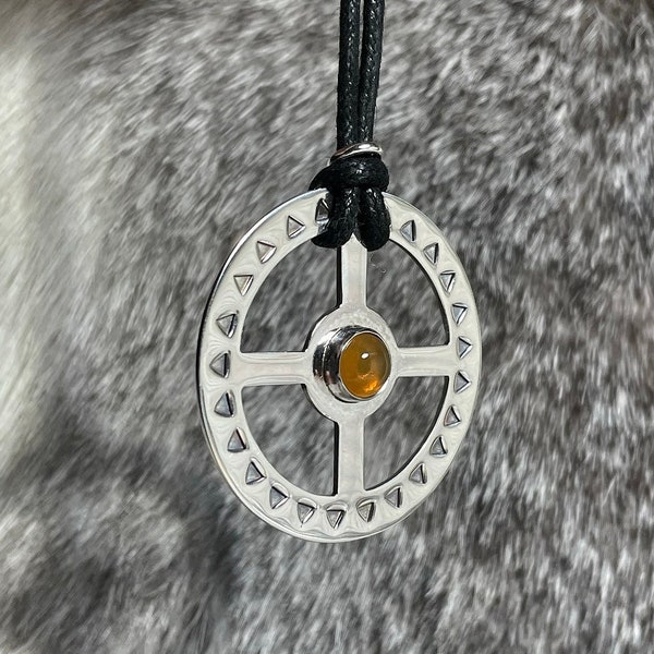 Sterling Silver Sunwheel Necklace with Fire Opal Cabochon - Suncross Heathen Viking Solar Pendant