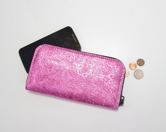 Cartera con cremallera para mujer Cartera de piel sintética Cartera con cremallera para mujer Cartera larga Cartera vegana Cartera Kate con espiral rosa acordeón
